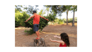 Boy standing on stump about to fall backward with his little sister ready to catch him